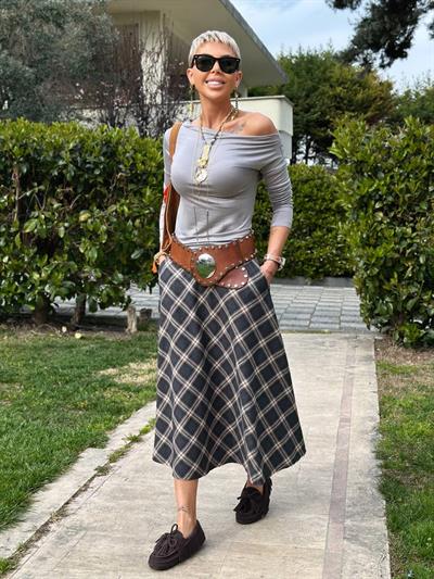 ANTRASİT EKOSE DESENLİ MİDİ ETEK