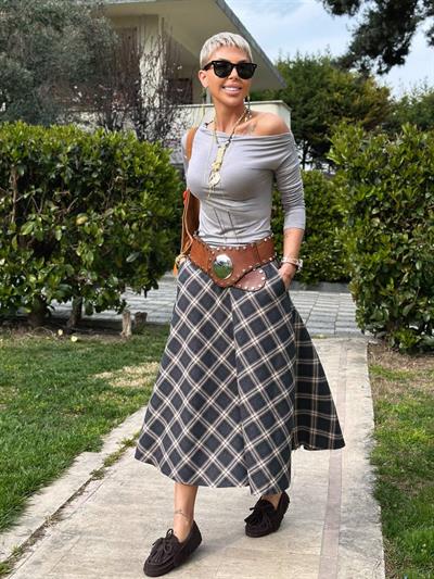 ANTRASİT EKOSE DESENLİ MİDİ ETEK