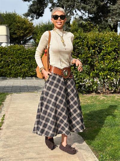 ANTRASİT EKOSE DESENLİ MİDİ ETEK