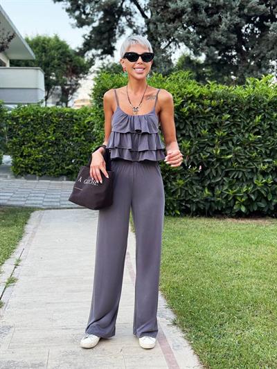ANTRASİT FIRFIRLI CROP PANTOLON TAKIM