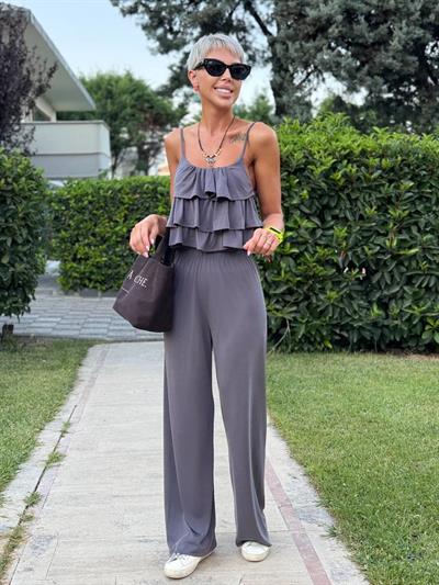 ANTRASİT FIRFIRLI CROP PANTOLON TAKIM
