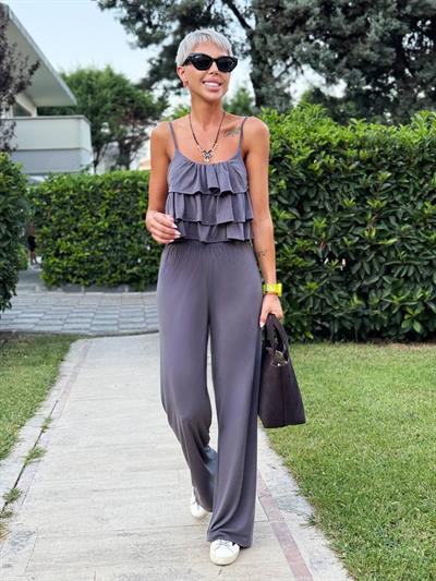 ANTRASİT FIRFIRLI CROP PANTOLON TAKIM