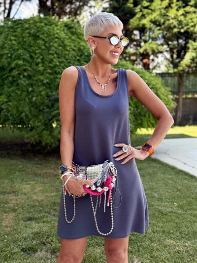 ANTRASİT KOLSUZ MODAL ELBİSE