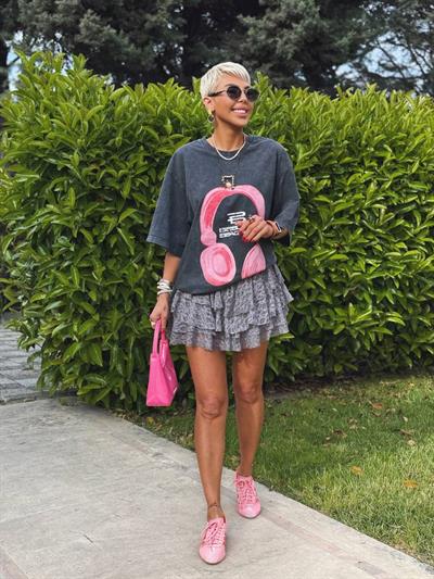 ANTRASİT KULAKLIK BASKILI OVERSIZE TSHIRT