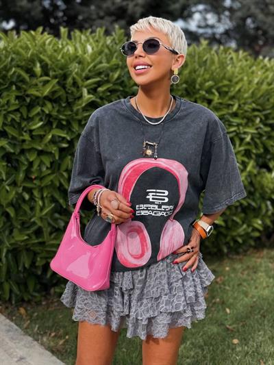 ANTRASİT KULAKLIK BASKILI OVERSIZE TSHIRT