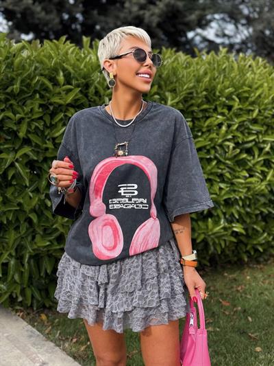ANTRASİT KULAKLIK BASKILI OVERSIZE TSHIRT