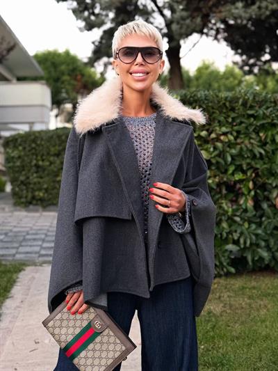 ANTRASİT KÜRK YAKA KAŞE PANÇO