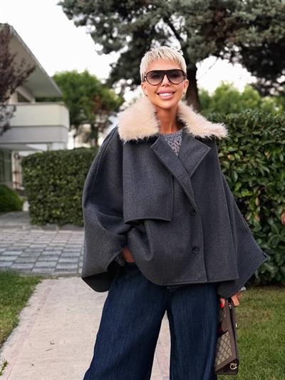 ANTRASİT KÜRK YAKA KAŞE PANÇO