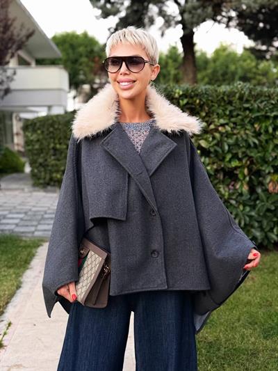 ANTRASİT KÜRK YAKA KAŞE PANÇO