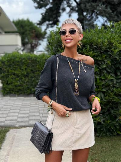 ANTRASİT KUŞGÖZÜ DETAY KAYIK YAKA KAZAK