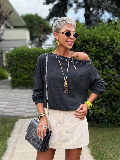 ANTRASİT KUŞGÖZÜ DETAY KAYIK YAKA KAZAK