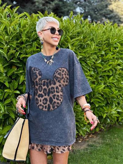 ANTRASİT LEOPAR MICKEY BASKILI OVERSIZE TSHIRT