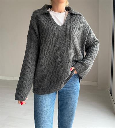 ANTRASİT POLO YAKA ÖRGÜ DESEN TRİKO KAZAK