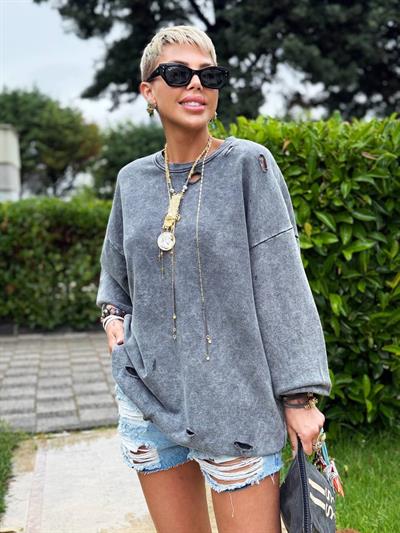 ANTRASİT YIKAMALI YIRTIKLI SWEATSHIRT