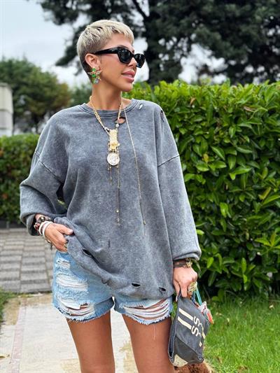 ANTRASİT YIKAMALI YIRTIKLI SWEATSHIRT