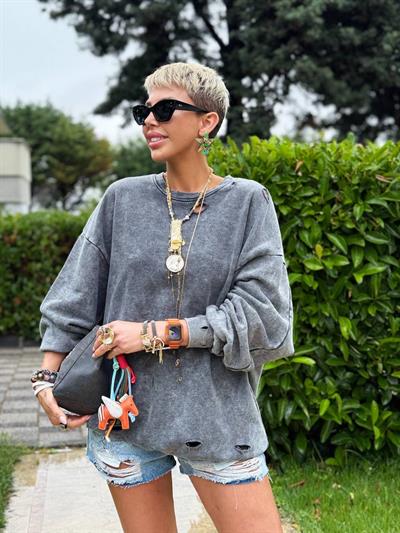 ANTRASİT YIKAMALI YIRTIKLI SWEATSHIRT