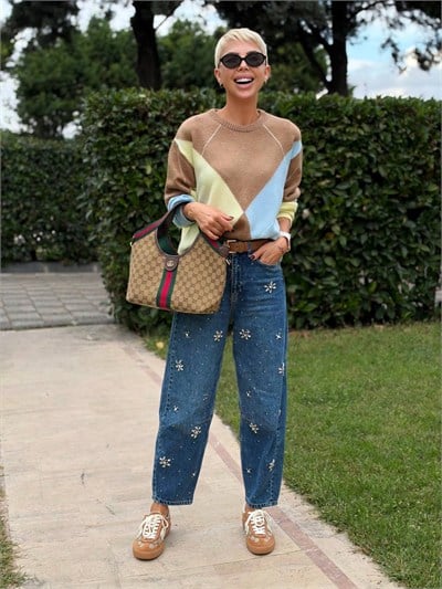 Balon Model Taşlı Jean Pantolon Lacivert