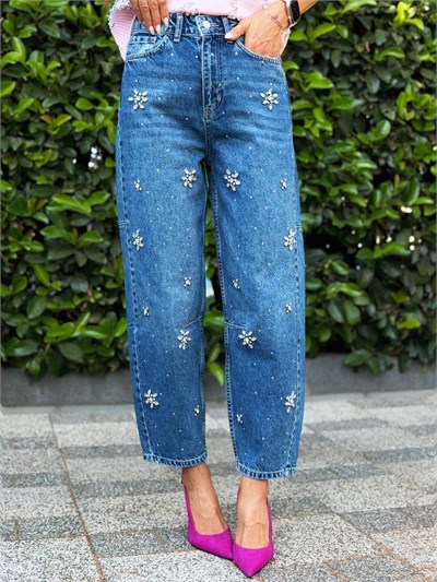 Balon Model Taşlı Jean Pantolon Lacivert