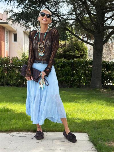 BEBE MAVİSİ ASTARLI ASİMETRİK ŞİFON ETEK