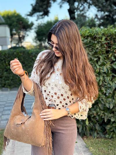 BEJ DELİKLİ MERSERİZE BLUZ