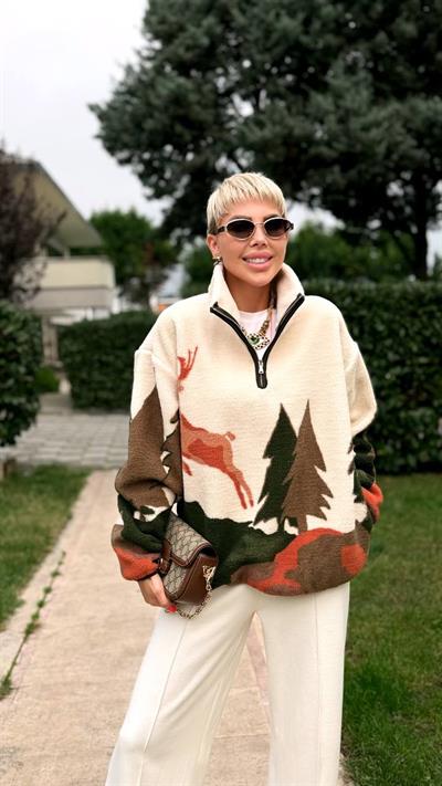 BEJ HAKİ DEER DİK YAKA FERMUARLI POLAR SWEAT