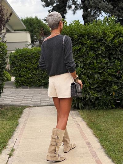 BEJ KADİFE FİTİLLİ ŞORT ETEK 