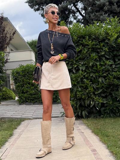 BEJ KADİFE FİTİLLİ ŞORT ETEK 