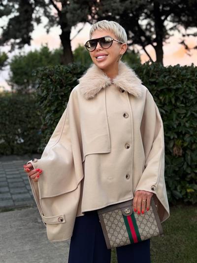 BEJ KÜRK YAKA KAŞE PANÇO