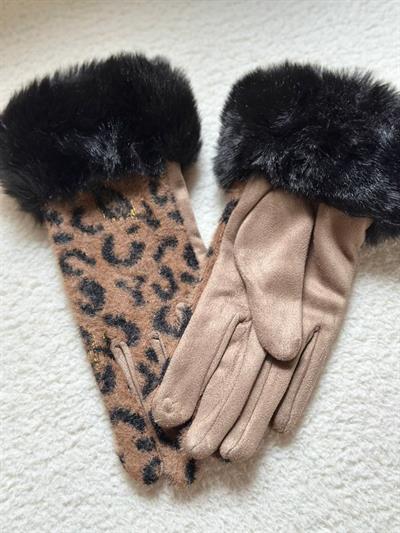 BEJ LEOPAR DESEN BİLEĞİ KÜRKLÜ DOKUNMATİK ELDİVEN