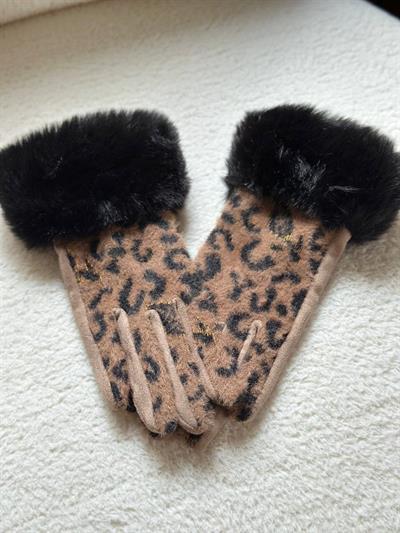 BEJ LEOPAR DESEN BİLEĞİ KÜRKLÜ DOKUNMATİK ELDİVEN