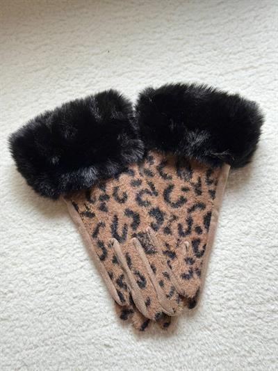 BEJ LEOPAR DESEN BİLEĞİ KÜRKLÜ DOKUNMATİK ELDİVEN
