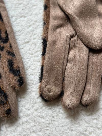 BEJ LEOPAR DESEN BİLEĞİ KÜRKLÜ DOKUNMATİK ELDİVEN