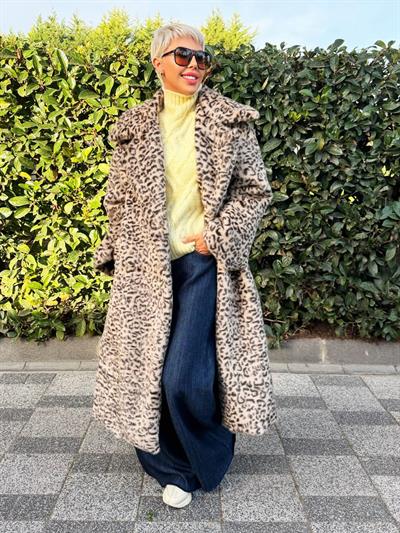 BEJ LEOPAR UZUN KÜRK KABAN