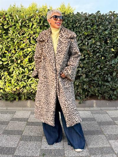 BEJ LEOPAR UZUN KÜRK KABAN