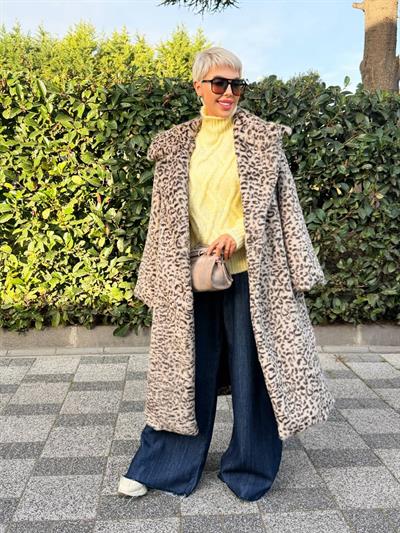 BEJ LEOPAR UZUN KÜRK KABAN