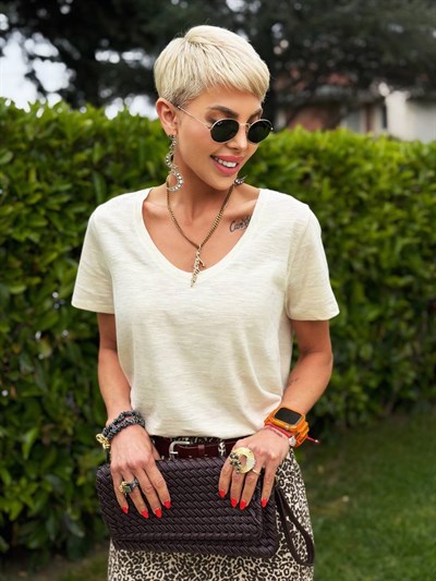 BEJ MELANJ ÇİZGİ DESEN PURE BASIC TSHIRT
