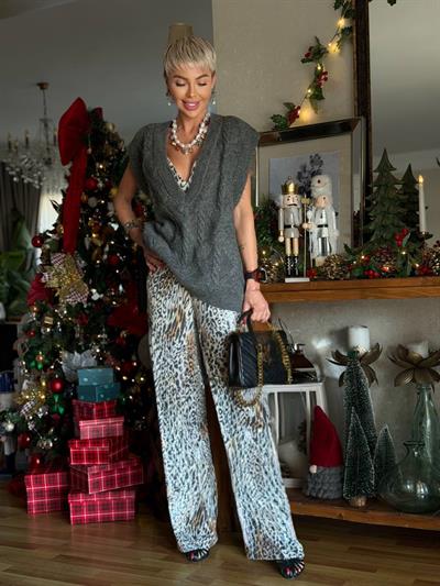 BEJ PAYETLİ LEOPAR DESEN PANTOLON