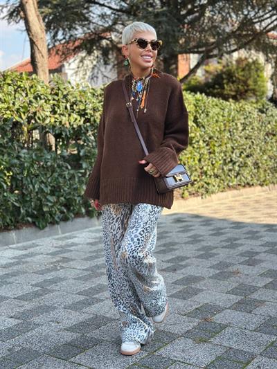 BEJ PAYETLİ LEOPAR DESEN PANTOLON
