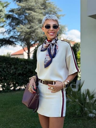 BEJ ŞERİT DETAY ŞORT ETEK TSHIRT TAKIM