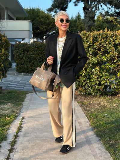 BEJ YANI ŞERİTLİ RAHAT PANTOLON