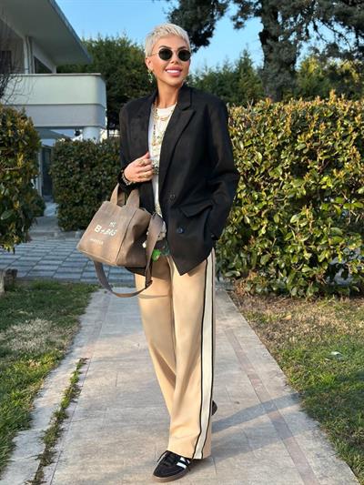 BEJ YANI ŞERİTLİ RAHAT PANTOLON