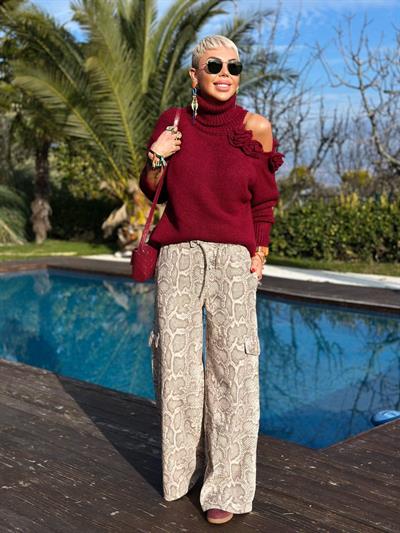 BEJ YILAN DESENLİ KARGO CEPLİ PANTOLON