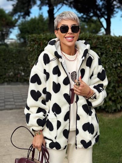 BEYAZ KALP DESENLİ PELUŞ CEKET