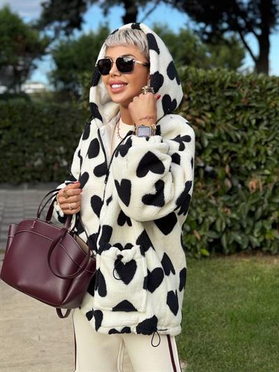 BEYAZ KALP DESENLİ PELUŞ CEKET