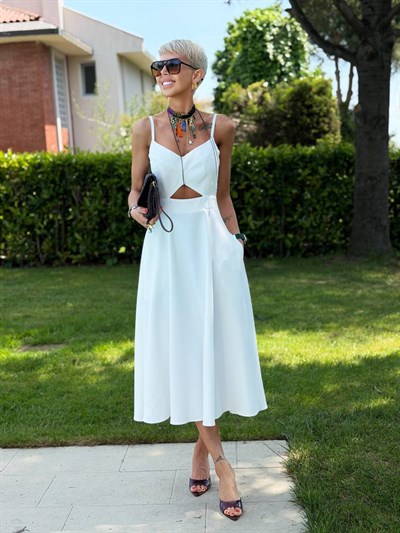 BEYAZ V YAKA CUT OUT DETAYLI MIDI ELBİSE