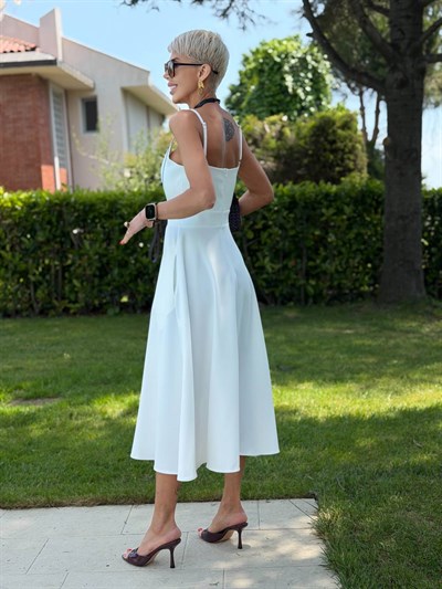 BEYAZ V YAKA CUT OUT DETAYLI MIDI ELBİSE