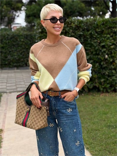 Bisiklet Yaka Baklava Desen Kazak Camel