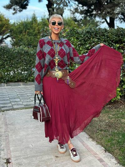 BORDO ASTARLI ASİMETRİK TÜL ETEK