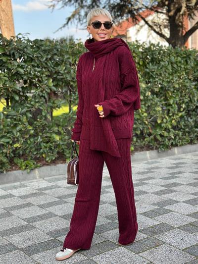 BORDO ATKILI SAÇ ÖRGÜ KAZAK PANTOLON TAKIM