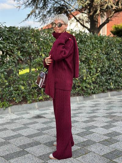 BORDO ATKILI SAÇ ÖRGÜ KAZAK PANTOLON TAKIM